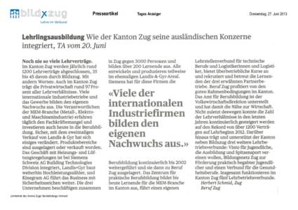 Presseartikel  Lehrbetrieb des Vereins Zuger Berufsbildungs-Verbund Tages Anzeiger