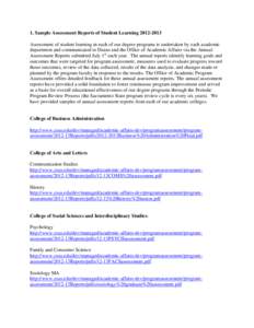 1. Sample Assessment Reports of Student Learning[removed]Assessment of student learning in each of our degree programs is undertaken by each academic department and communicated to Deans and the Office of Academic Affa