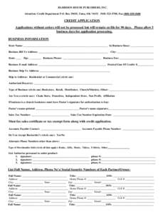 HARRISON HOUSE PUBLISHERS, INC. Attention: Credit Department P.O. Box 35035, Tulsa, OK5700, FaxCREDIT APPLICATION Applications without orders will not be processed but will remain on file