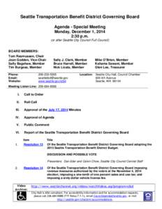 Seattle Transportation Benefit District Governing Board Agenda - Special Meeting Monday, December 1, 2014 2:30 p.m. (or after Seattle City Council Full Council)