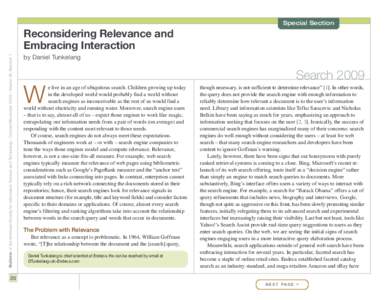 Special Section  Bulletin of the American Society for Information Science and Technology – October/November 2009 – Volume 36, Number 1 Reconsidering Relevance and Embracing Interaction