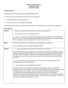 SHEEO Information Request Bonding Authority November 14, 2014 To Finance Officers: A colleague asks the following questions regarding bonding authority: 1. Does your state have to give the OK for universities to issue bo