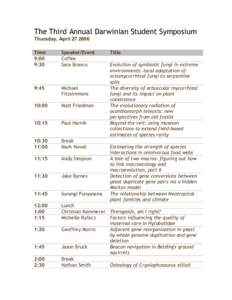 The Third Annual Darwinian Student Symposium Thursday, April[removed]Time 9:00 9:30