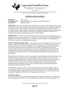 Legal Aid of NorthWest Texas 600 East Weatherford Street, Fort Worth, Texas[removed]4740 (fax[removed]www.lanwt.org With offices in Abilene, Amarillo, Brownwood, Dallas, Denton, Fort Worth, Lubbock, McKinney,