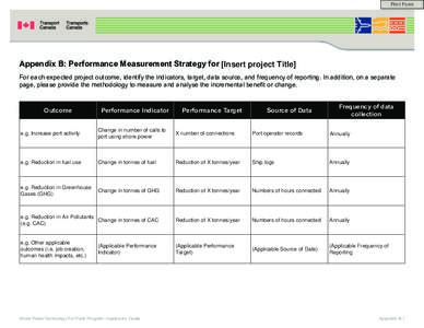 Print Form  Appendix B: Performance Measurement Strategy for [Insert project Title] For each expected project outcome, identify the indicators, target, data source, and frequency of reporting. In addition, on a separate 