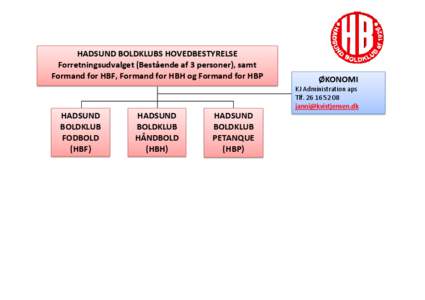 HADSUND BOLDKLUBS HOVEDBESTYRELSE Forretningsudvalget (Bestående af 3 personer), samt Formand for HBF, Formand for HBH og Formand for HBP ØKONOMI KJ Administration aps