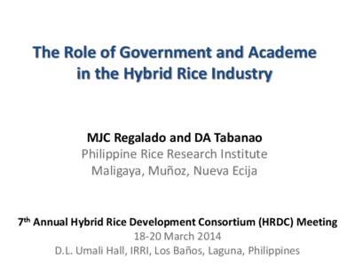 The Role of Government and Academe in the Hybrid Rice Industry MJC Regalado and DA Tabanao Philippine Rice Research Institute Maligaya, Muñoz, Nueva Ecija