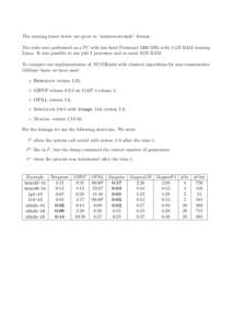 The running times below are given in “minutes:seconds” format. The tests were performed on a PC with two Intel Pentium4 3200 MHz with 4 GB RAM running Linux. It was possible to use just 1 processor and at most 2GB RA