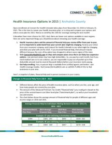 Health Insurance Options in 2015 | Archuleta County Open enrollment at Connect for Health Colorado takes place from November 15, 2014 to February 15, 2015. This is the time to renew your health insurance plan, or to shop