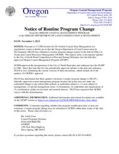 Oregon John A. Kitzhaber, MD, Governor Oregon Coastal Management Program Department of Land Conservation and Development 635 Capitol Street, Suite 150