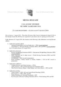 Tribunal Arbitral du Sport  Court of Arbitration for Sport MEDIA RELEASE CAS AD HOC DIVISION