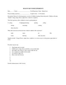 HEAD START FOOD EXPERIENCE Date____ __ Center_ _____________________ Food Experience Name: Bunny faces Person leading experience____ _____________ Length of time: 15-20 minutes Description: Reason for choosing project, i