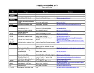 Safety Observances 2015 Dates are subject to change Date  Event