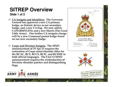 SITREP Overview Slide 1 of 2 CA Insignia and Identifiers. The Governor General has approved a new CA primary badge, an historic device as our secondary badge, and a new CA flag. We now utilize