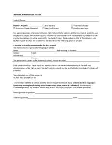 Parent Awareness Form Student Name: Project Category: ☐ Construct/Create (General)  ☐ Job Shadow