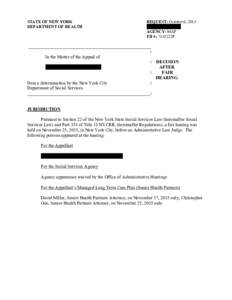 STATE OF NEW YORK DEPARTMENT OF HEALTH REQUEST: October 6, 2015  _______________