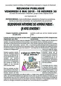 Association Comité de défense de l’hôpital intercommunal A. Grégoire de Montreuil  REUNION PUBLIQUE VENDREDI 6 MAIHEURESavenue de la Résistance à Montreuil - groupe scolaire Stéphane Hessel ave