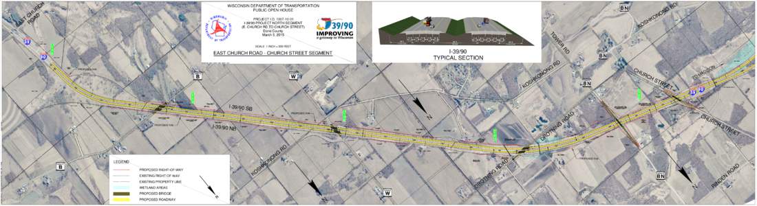 IProject, North segment (Dane/Rock County line - US 12/18), map - I-39/90, East Church Rd. - County BN - Open House, March 5, 2015