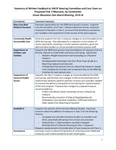 Summary of Written Feedback to VHCIP Steering Committee and Core Team on Proposed Year 2 Measures, by Commenter Green Mountain Care Board Meeting, [removed]Commenter Blue Cross Blue Shield of Vermont