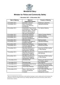 Ministerial Diary1 Minister for Police and Community Safety 1 November 2013 – 30 November 2013 Date of Meeting 1 November[removed]November 2013