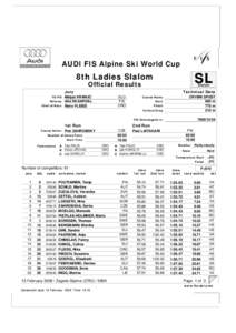 AUDI FIS Alpine Ski World Cup  SL 8th Ladies Slalom Official Results