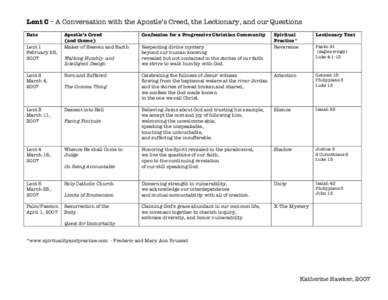 Lent C – A Conversation with the Apostle’s Creed, the Lectionary, and our Questions Date Lent 1 February 25, 2007