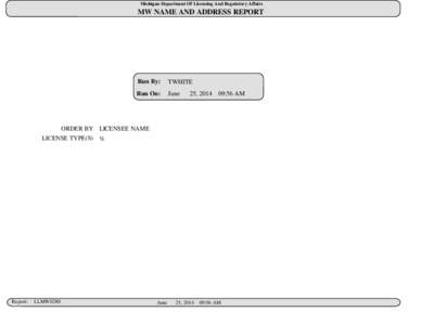 Michigan Department Of Licensing And Regulatory Affairs  MW NAME AND ADDRESS REPORT Run By: