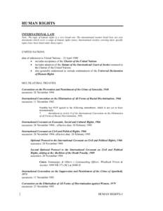 HUMAN RIGHTS INTERNATIONAL LAW Note: The topic of human rights is a very broad one. The international treaties listed here are core documents which cover a range of human rights issues. International treaties covering mo