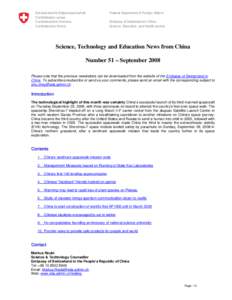 Science, Technology and Education News from China - Number 51- September 2008