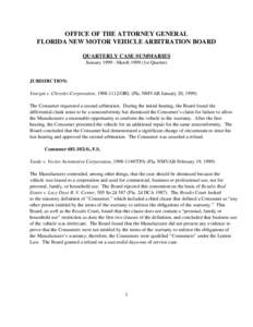 OFFICE OF THE ATTORNEY GENERAL FLORIDA NEW MOTOR VEHICLE ARBITRATION BOARD QUARTERLY CASE SUMMARIES January[removed]March[removed]1st Quarter)  JURISDICTION: