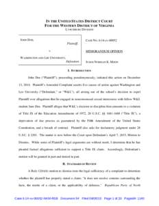 IN THE UNITED STATES DISTRICT COURT FOR THE WESTERN DISTRICT OF VIRGINIA LYNCHBURG DIVISION JOHN DOE,  CASE NO. 6:14-cv-00052