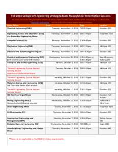 Fall 2016 College of Engineering Undergraduate Major/Minor Information Sessions In addition to the major/minor information sessions listed below students are encouraged to utilize the 