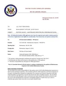 UNITED STATES CONSULATE GENERAL RIO DE JANEIRO, BRAZIL Management Notice No[removed]July 30, 2014