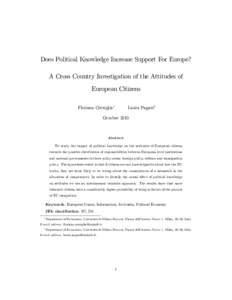 Does Political Knowledge Increase Support For Europe? A Cross Country Investigation of the Attitudes of European Citizens Laura Paganiy  Floriana Cerniglia