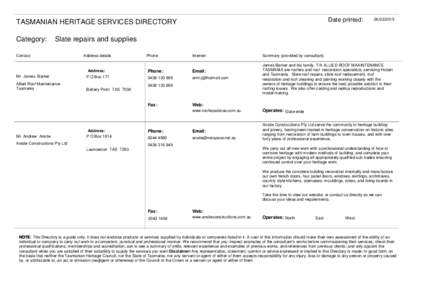 Date printed:  TASMANIAN HERITAGE SERVICES DIRECTORY Category:  [removed]