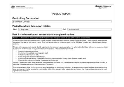 PUBLIC REPORT Controlling Corporation SunWater Limited Period to which this report relates Start