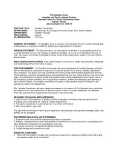 The Salvation Army Hawaiian and Pacific Islands Division Ray and Joan Kroc Corps Community Center Kapolei, Hawaii Job Description revPOSITION TITLE: