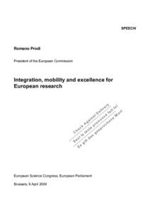 SPEECH/  Romano Prodi President of the European Commission  Integration, mobility and excellence for