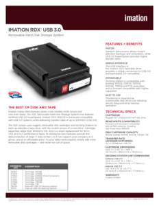IMATION RDX® USB 3.0 Removable Hard Disk Storage System Features + Benefits FASTER Random data access allows instant selective backups and restoration, while