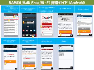 NAMBA_Walk_Free_Wi-Fi 接続ガイド (Android) ①Wi-FiをONにし、 ネットワーク一覧選択画面から 「NAMBA_Walk_Free_Wi-Fi」  ②「ブラウザ」アプリをタップし、