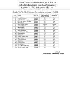 DEPARTMENT OF MATHEMATICAL SCIENCES  Baba Ghulam Shah Badshah University Rajouri – J&K. Pin-code[removed]Result of M.Phil / Ph. D Entrance Test conducted on January 19, 2014. S.No