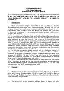 GOVERNMENT OF INDIA MINISTRY OF FINANCE DEPARTMENT OF DISINVESTMENT ENGAGEMENT OF MERCHANT BANKER/SELLING BROKER FOR DISINVESTMENT IN PFC LTD. THROUGH “OFFER FOR SALE BY PROMOTERS THROUGH THE STOCK EXCHANGES” (OFS) I