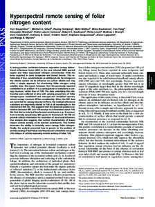 PNAS PLUS  Hyperspectral remote sensing of foliar nitrogen content Yuri Knyazikhina,1, Mitchell A. Schullb, Pauline Stenbergc, Matti Mõttusd, Miina Rautiainenc, Yan Yanga, Alexander Marshake, Pedro Latorre Carmonaf, Rob