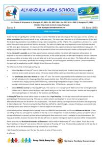 ALYANGULA AREA SCHOOL We Learn For Life Cnr Flinders St & Ayawarra Cr, Alyangula, NT, 0885—Ph—Fax—PMB 3, Alyangula, NT, 0885 Website: http://web.ntschools.net/w/Alyangula