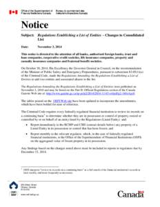 Notice Subject: Regulations Establishing a List of Entities – Changes to Consolidated List Date:  November 3, 2014