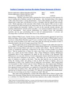 Southern Campaign American Revolution Pension Statements & Rosters Pension application of Robert Hawthorn W23326 Mary 1 fn62SC Pension application of Robert McClary X490 Mary