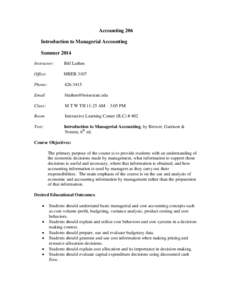 Accounting 206 Introduction to Managerial Accounting Summer 2014 Instructor:  Bill Lathen