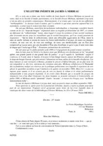 UNE LETTRE INÉDITE DE JAURÈS À MIRBEAU [Il y a trois ans et demi, une lettre inédite de Jean Jaurès à Octave Mirbeau est passée en vente, mais ni la Société d’études jaurésiennes, ni la Société Octave Mirb