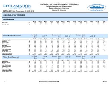 COLORADO - BIG THOMPSON MONTHLY OPERATIONS United States Bureau of Reclamation Eastern Colorado Area Ofice Loveland, Colorado  CBT Mar 2015 Min Reasonable: 01-MAR-2015