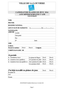 VILLE DE LA LOUVIERE  CANDIDATURE PLAINES DE JEUX 2014 AGE MINIMUM REQUIS 17 ANS NON ETUDIANT